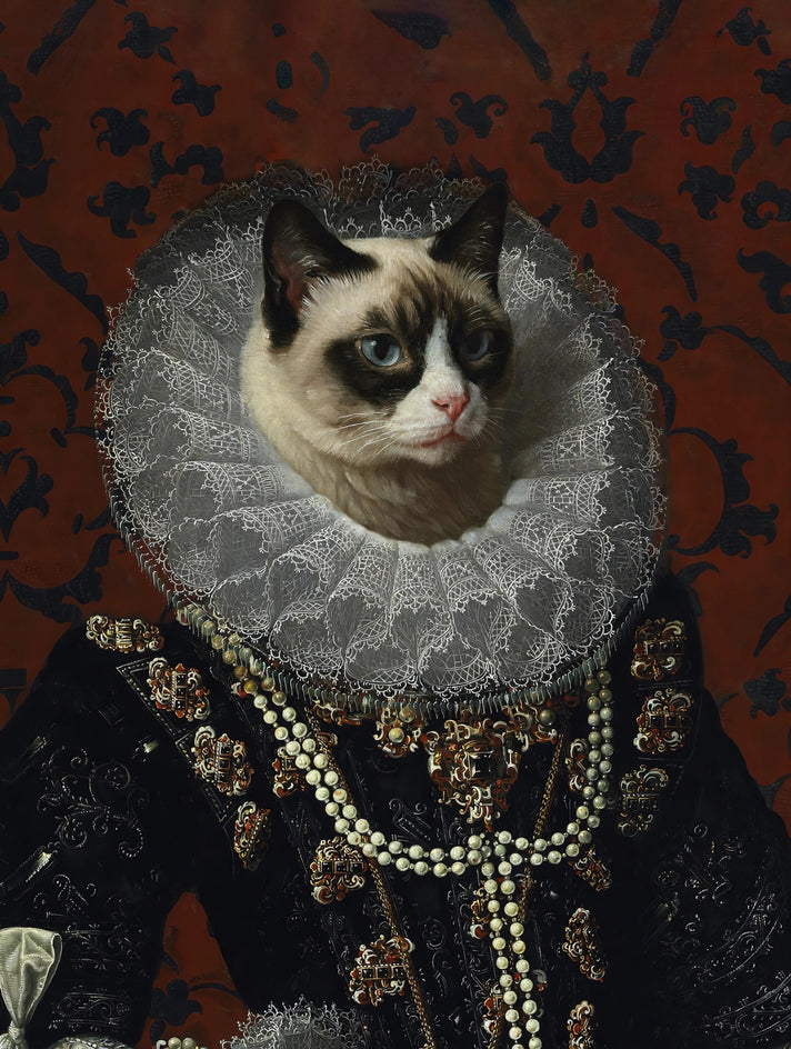 Quadro personalizado de gato com vestido de brocado negro com bordados dourados