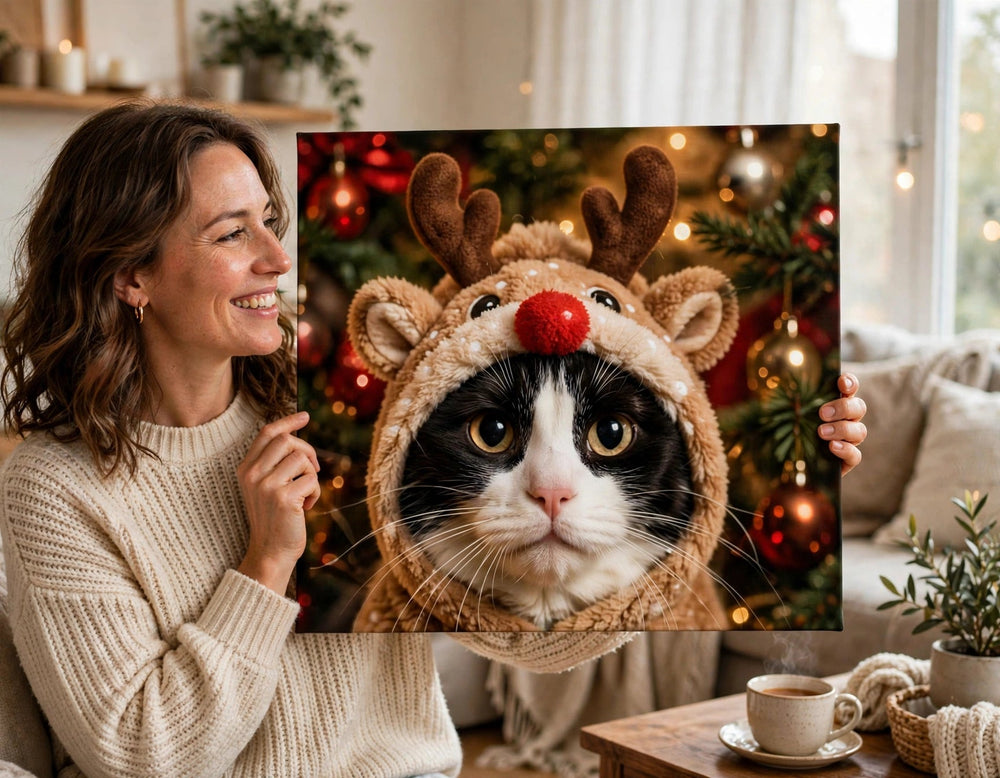 Pessoa segurando o quadro Quadro de Natal Personalizado — Capuz de Rena no tamanho grande