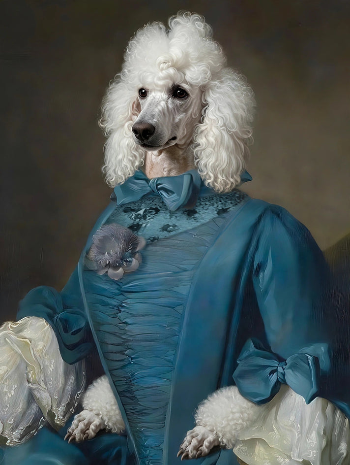 Quadro personalizado de cachorro poodle com manto azul real