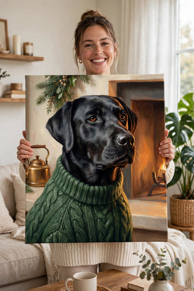Pessoa segurando o quadro Inverno Aconchegante — Quadro Personalizado de Cachorro no tamanho grande