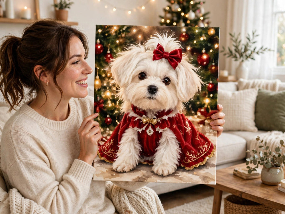 Pessoa segurando o quadro Quadro de Natal Personalizado — Vestido de Festa no tamanho grande