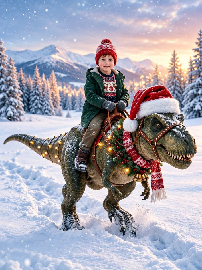 Menino no T-Rex de Natal - SUA FOTO VIROU ARTE
