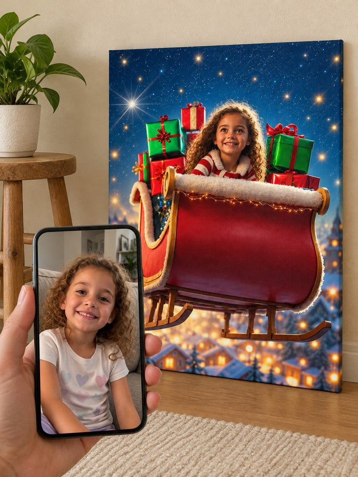 Menina no Trenó com Presentes - SUA FOTO VIROU ARTE
