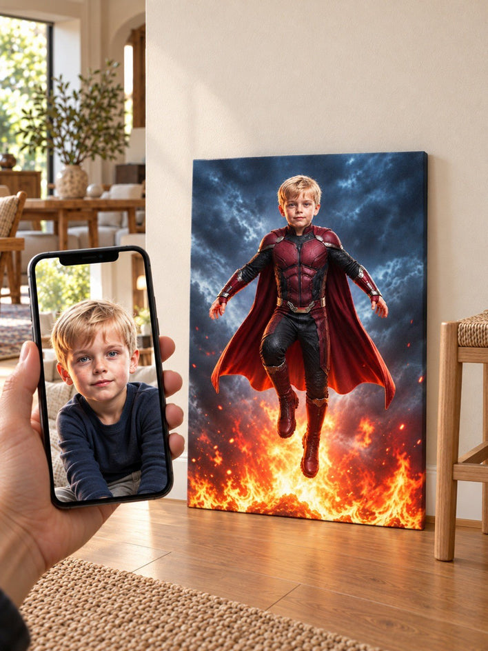 Menino Super-Herói Voador - SUA FOTO VIROU ARTE