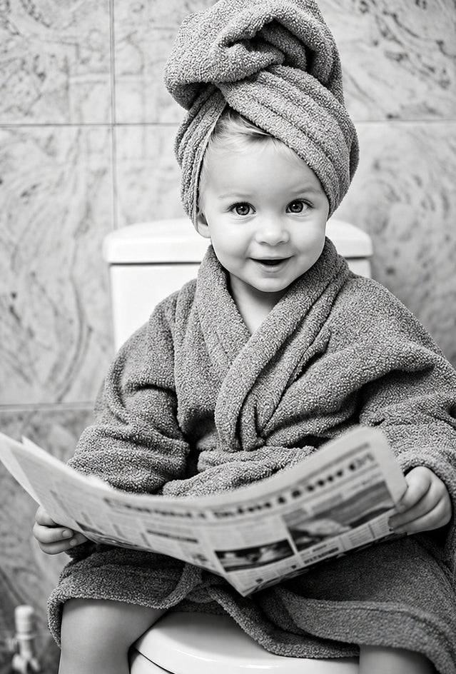 Detalhe do bebê de roupão e toalha lendo jornal no vaso, em preto e branco