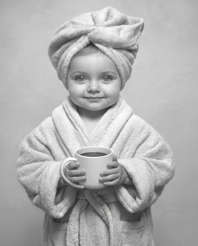 Retrato em preto e branco de uma menina usando roupão e turbante de toalha, segurando uma caneca com as duas mãos.