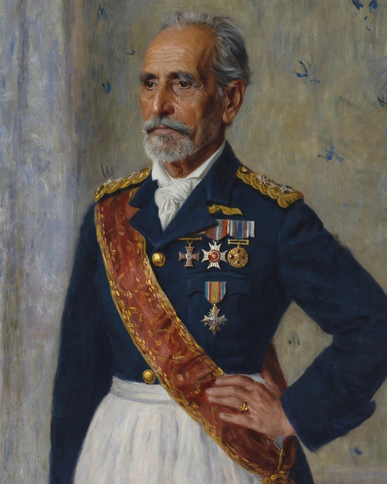 Detalhe do retrato do homem idoso, com rosto, uniforme azul-marinho, dragonas douradas, faixa vermelha, medalhas e parte do avental branco.