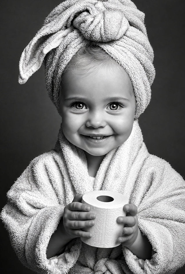 Detalhe do bebê sorrindo de roupão e toalha na cabeça, segurando um rolo de papel higiênico, em preto e branco