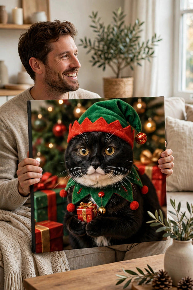 Pessoa segurando o quadro Quadro de Natal Personalizado — Gato Elfo no tamanho grande