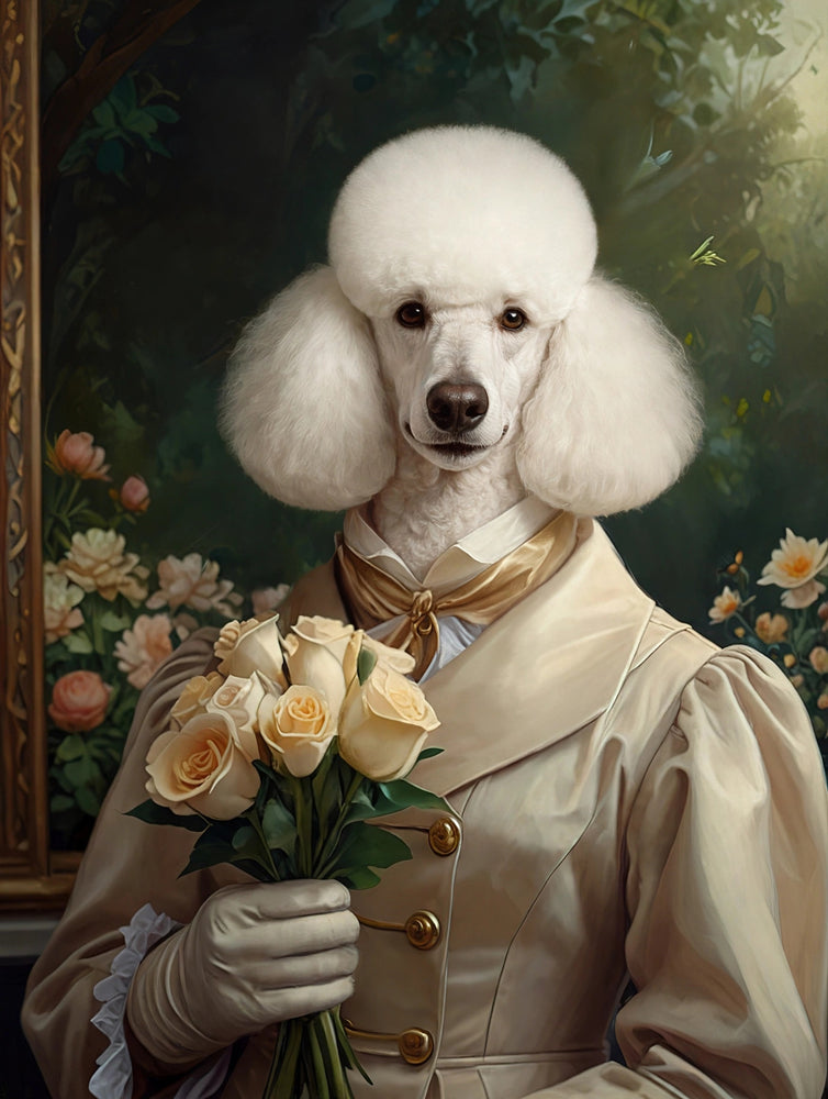 Quadro personalizado de cachorro poodle em fraque bege com rosas