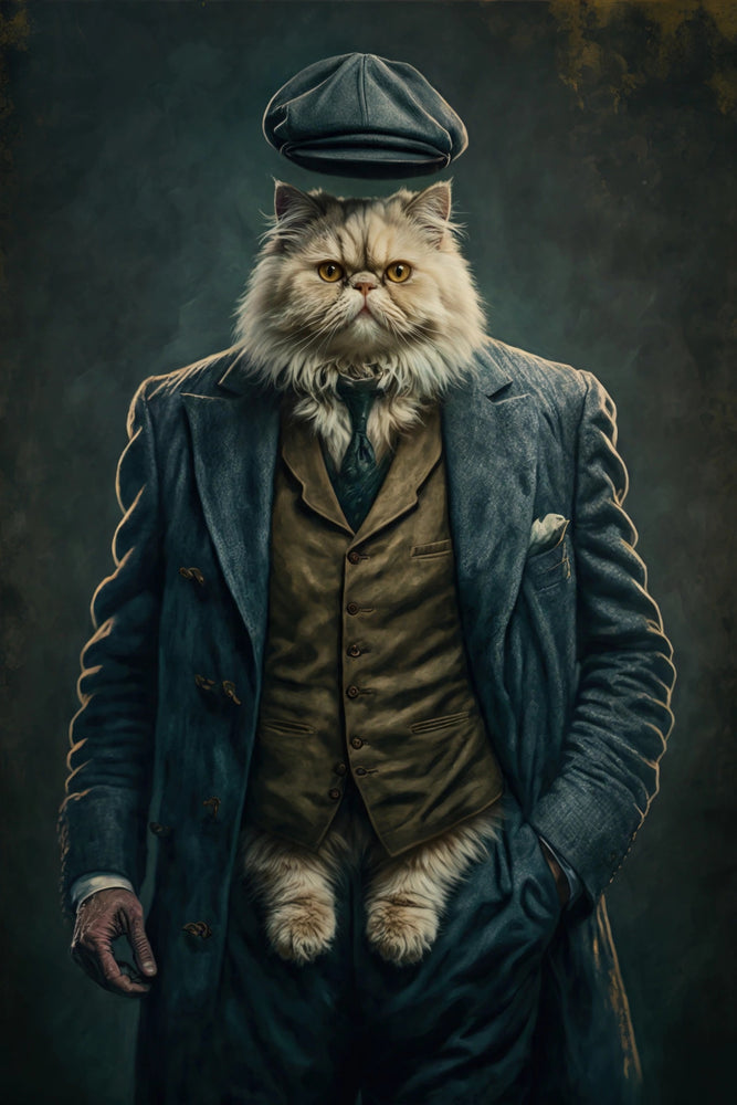 Quadro personalizado de gato persa com terno escuro
