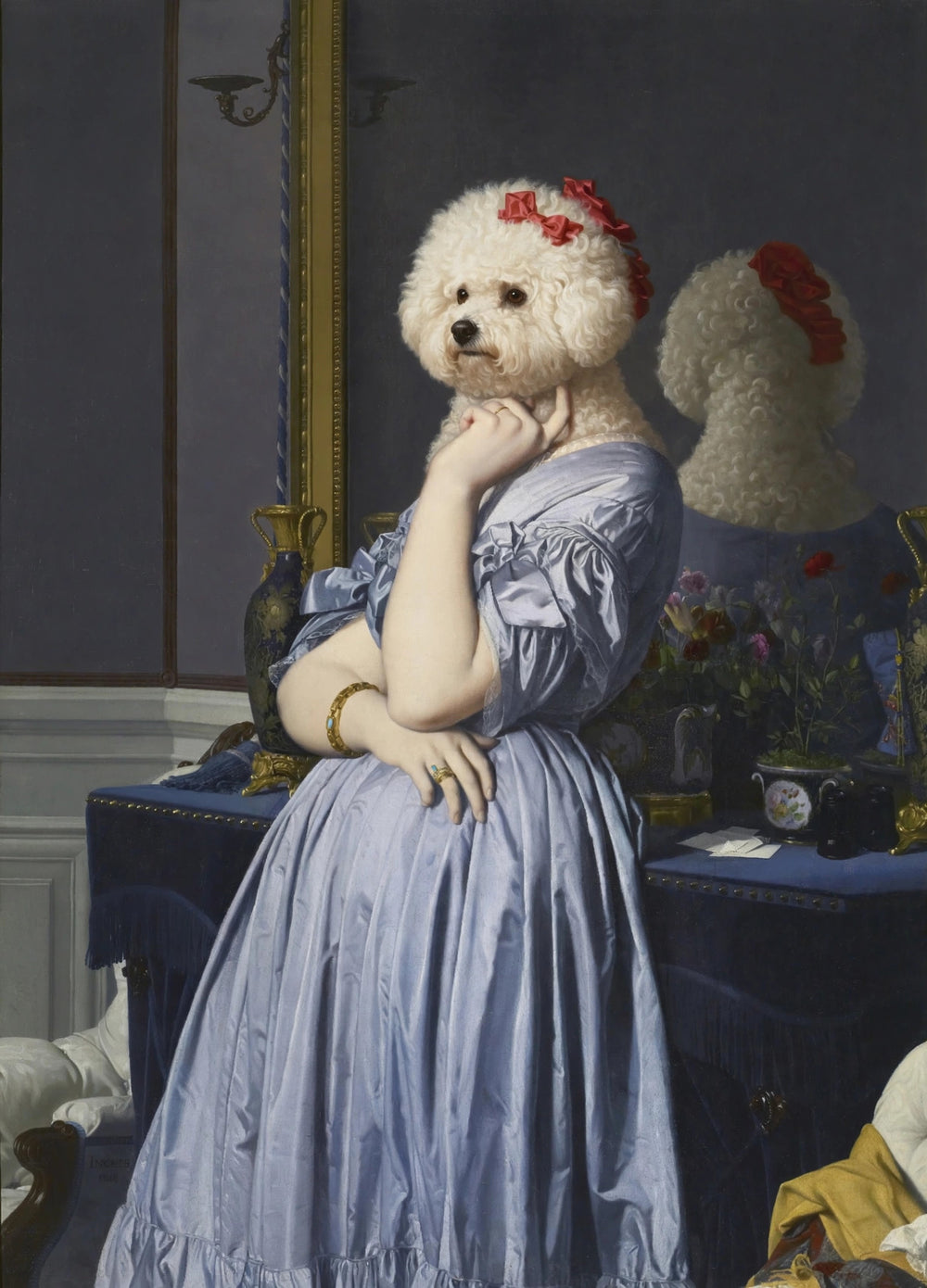 Quadro personalizado de cachorro poodle da poltrona lilas