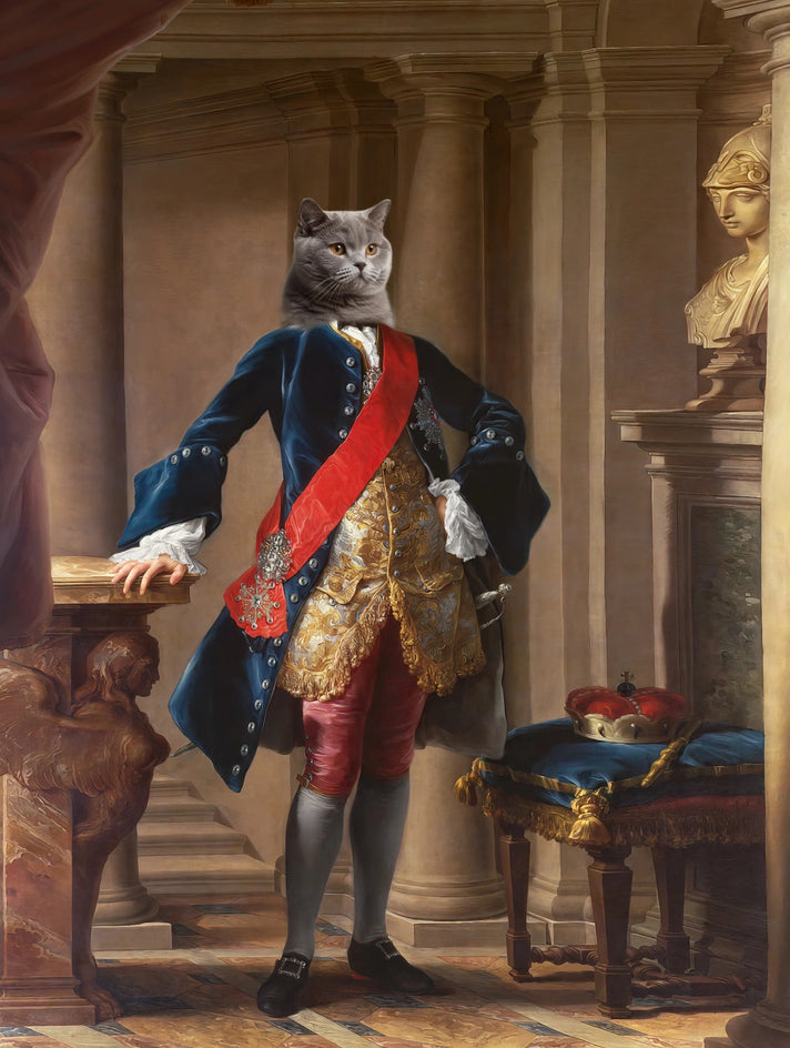 Quadro personalizado de gato em uniforme azul com faixa vermelha