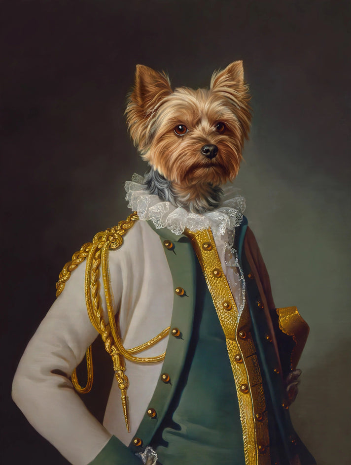 Quadro personalizado de cachorro com casaco militar branco e verde com tranças douradas e gola de babados