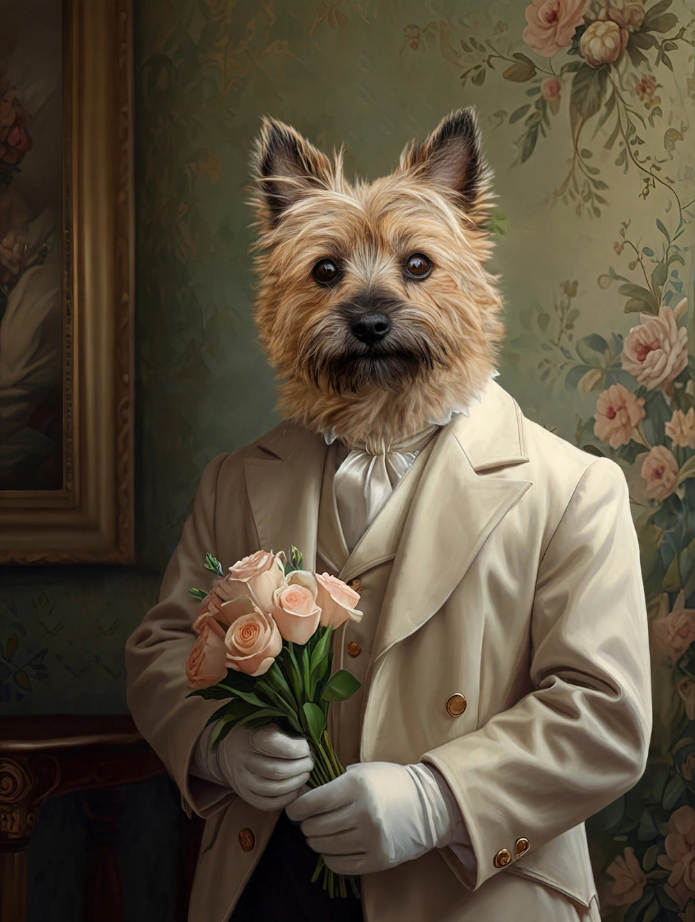 Quadro personalizado de cachorro terrier com buquê de rosas