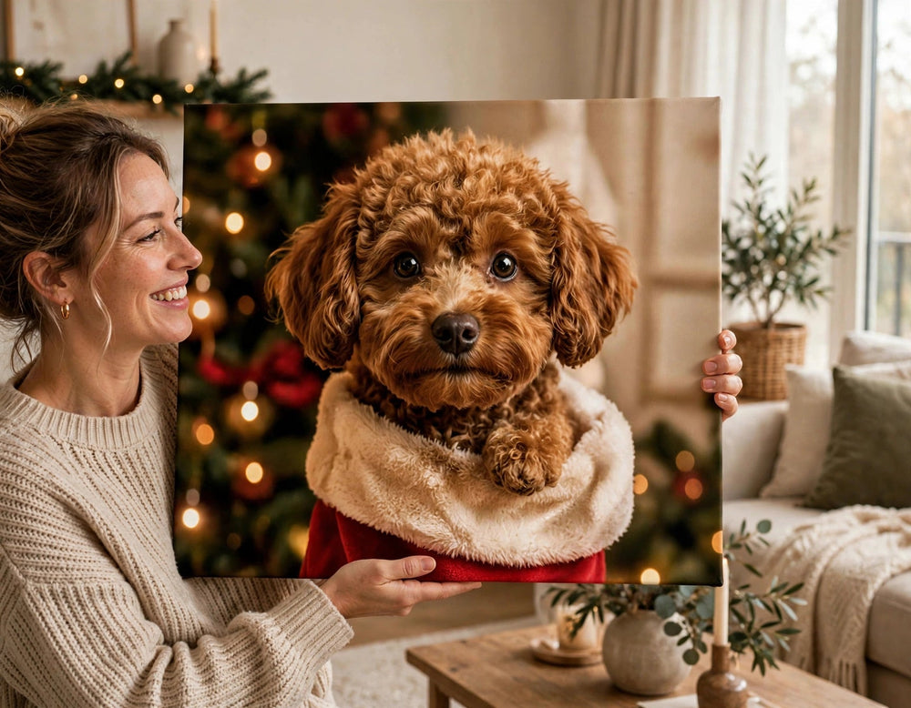 Pessoa segurando o quadro Quadro de Natal Personalizado — Saco de Presentes no tamanho grande