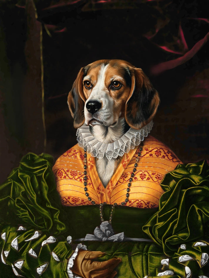 Quadro personalizado de cachorro com corpete de brocado laranja com mangas verdes bufantes e gola de babados