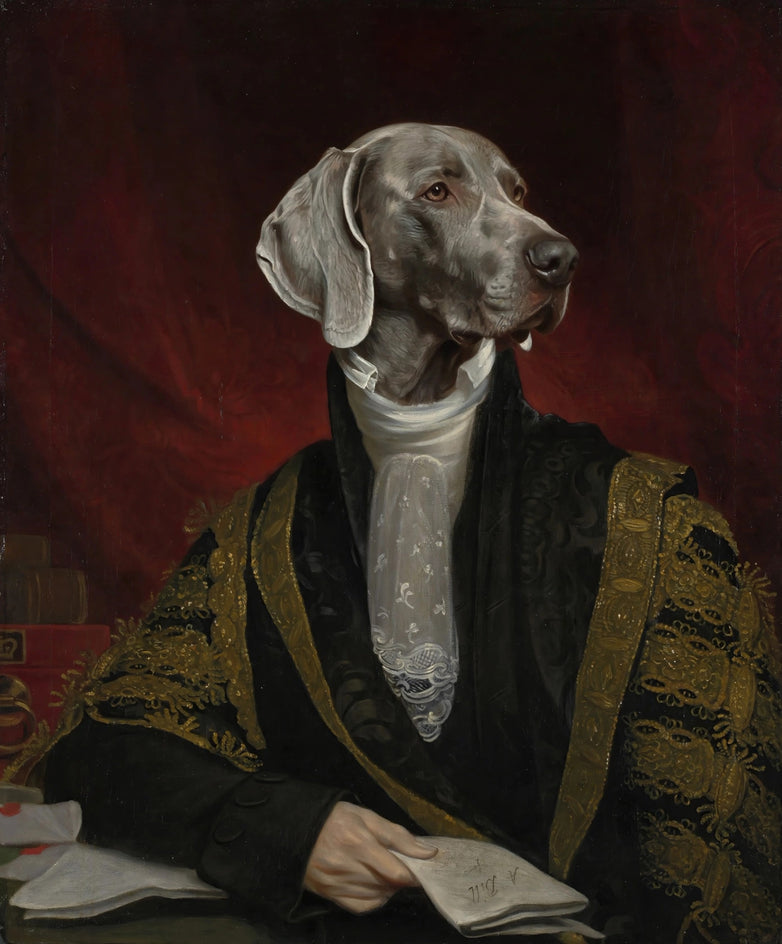 Quadro personalizado de cachorro weimaraner como chanceler em toga negra