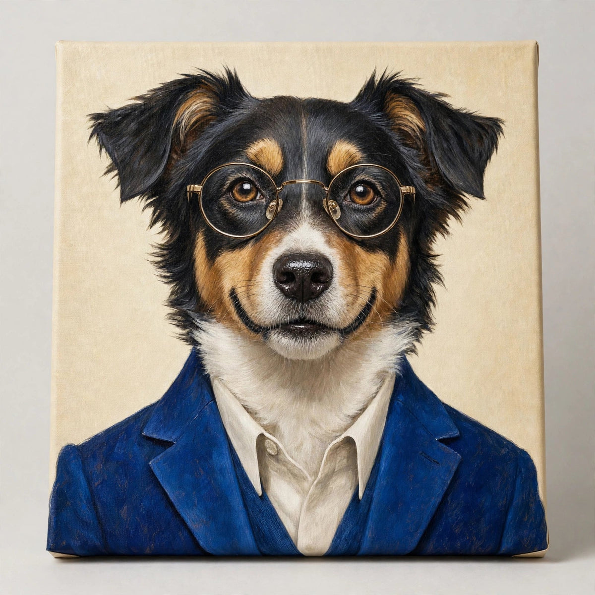 Cachorro Elegante com Óculos e Roupa Azul — Quadro Personalizado de Cachorro