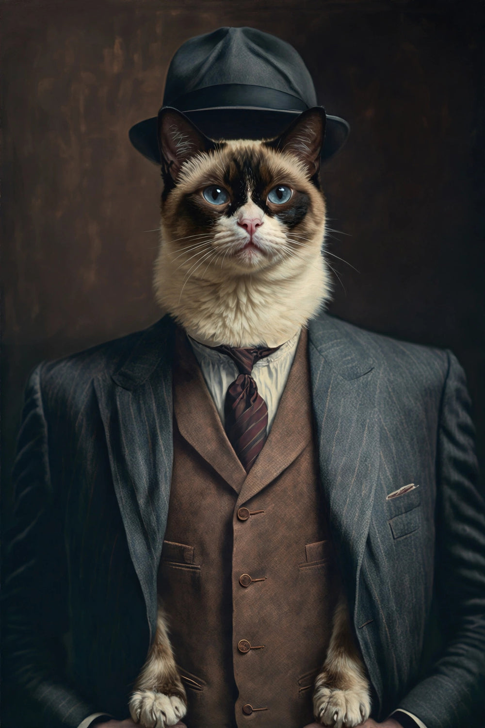 Quadro personalizado de gato siamês com chapéu coco e terno