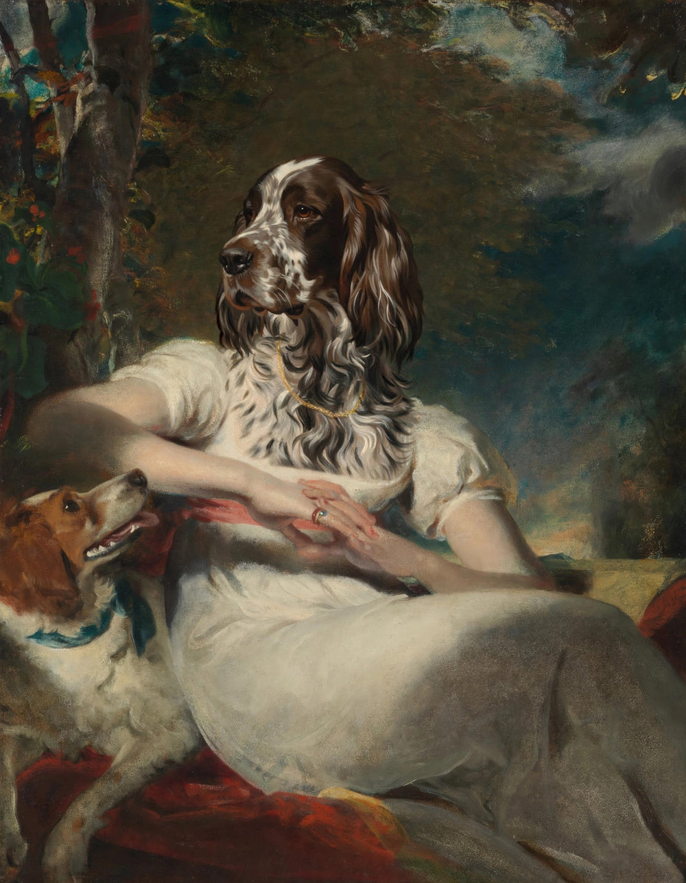 Quadro personalizado de cachorro spaniel com vestido branco imperial