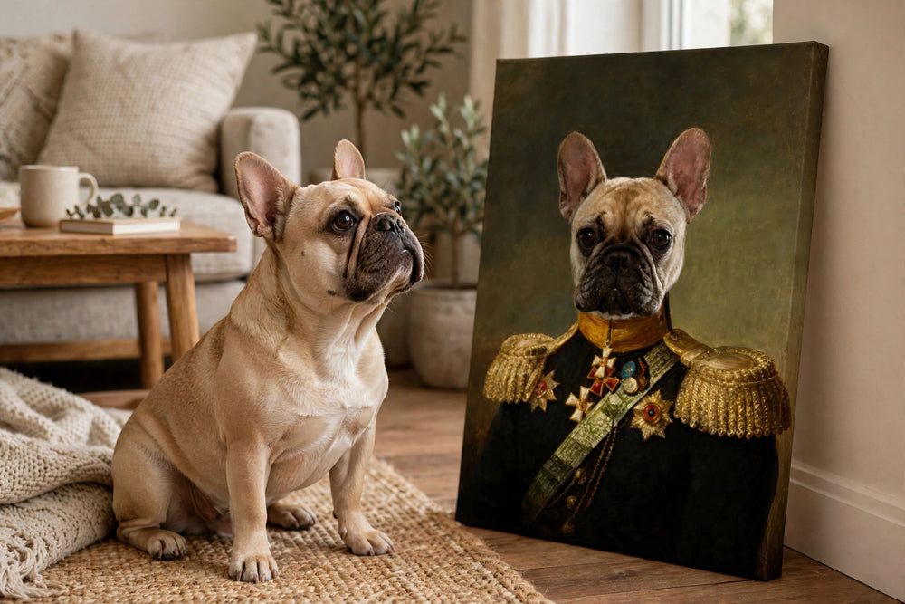 Pet ao lado do proprio retrato no quadro Barão Charmoso — Retrato Real Personalizado para Pet