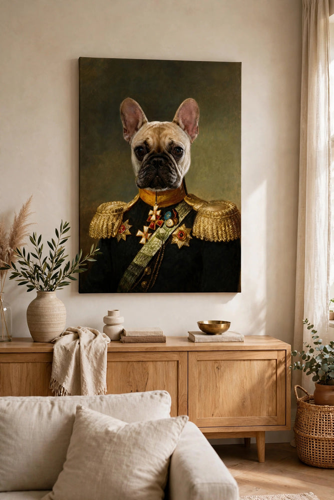 Quadro Barão Charmoso — Retrato Real Personalizado para Pet pendurado na parede da sala