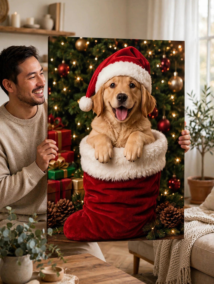Pessoa segurando o quadro Quadro de Natal Personalizado — Filhote na Meia no tamanho grande