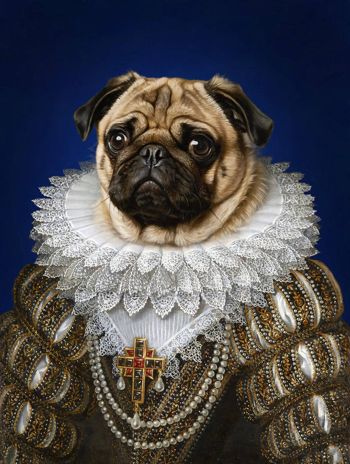 Quadro personalizado de cachorro com casaco de brocado negro e dourado com cruz de joias