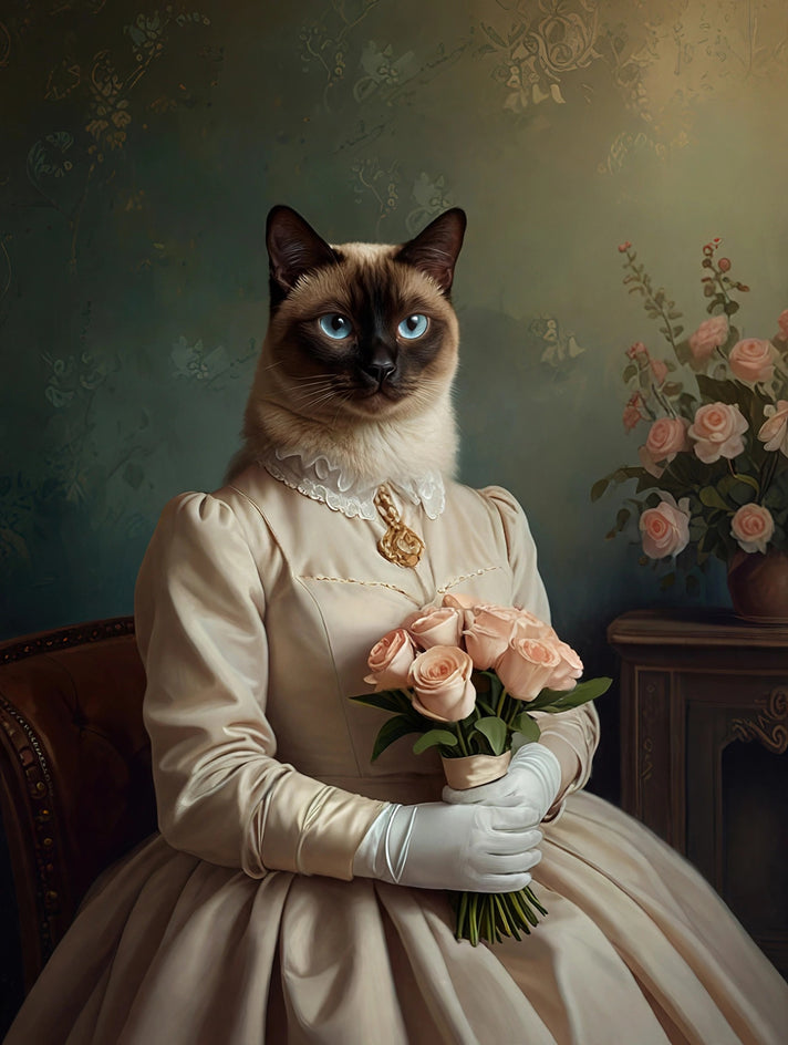 Quadro personalizado de gato siamês em vestido marfim com buquê rosa