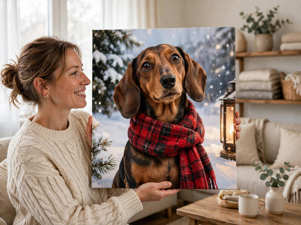 Pessoa segurando o quadro Quadro de Natal Personalizado — Estilo Xadrez no tamanho grande