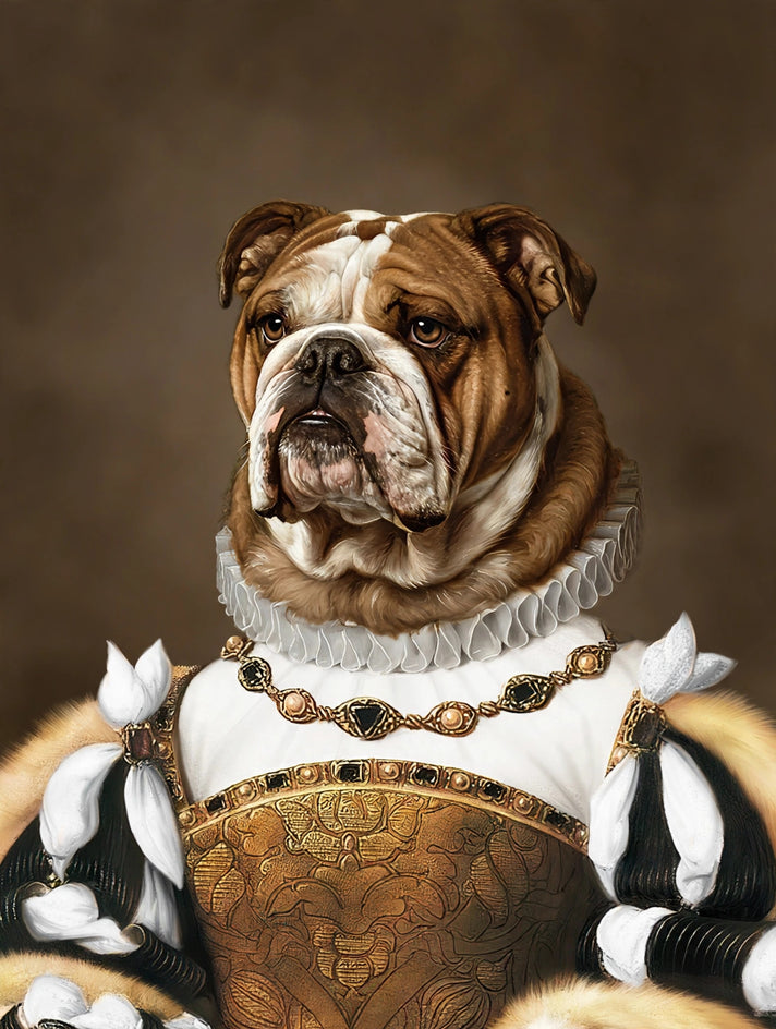Quadro personalizado de cachorro com corpete tudor preto e dourado com colar de joias e gola branca de babados
