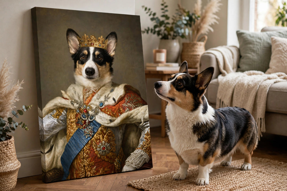 Pet ao lado do proprio retrato no quadro Príncipe das Neves — Retrato Real Personalizado para Pet