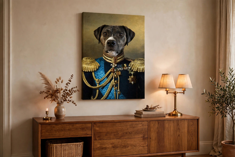 Quadro Coronel Faísca — Retrato Real Personalizado para Pet pendurado na parede da sala
