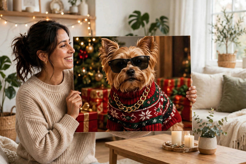 Pessoa segurando o quadro Quadro de Natal Personalizado — Yorkie Estiloso no tamanho grande