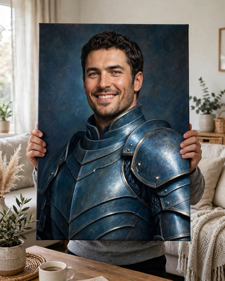 Pessoa segurando o quadro Homem Cavaleiro Azul — Quadro Personalizado de Homem no tamanho grande