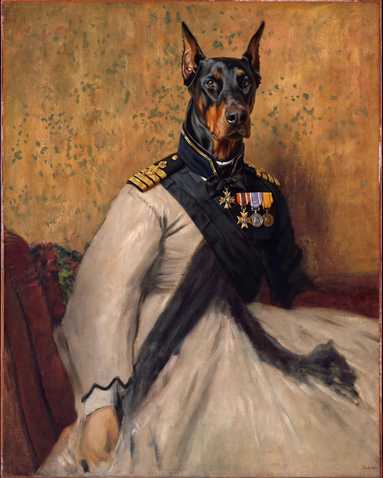 Quadro personalizado de cachorro doberman de vestido branco