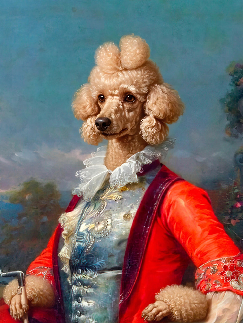 Quadro personalizado de cachorro poodle com manto vermelho de rainha