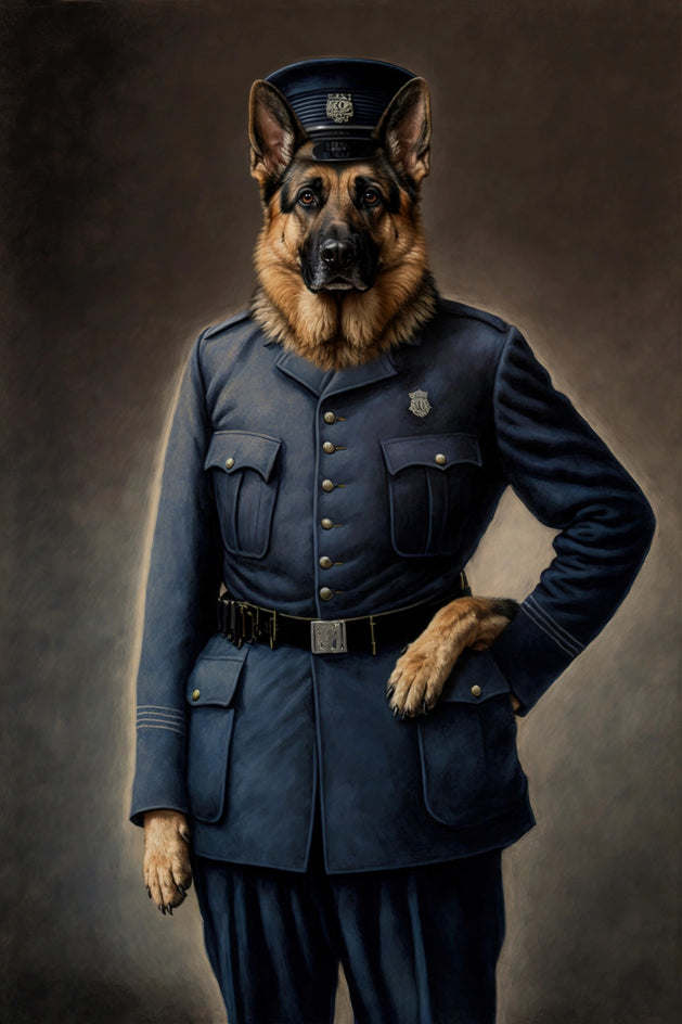 Quadro personalizado de cachorro pastor alemão com farda azul de policial