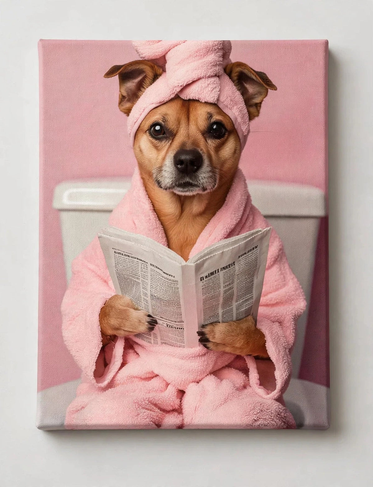 Quadro Personalizado de Pet — Cão Lendo Jornal (Rosa)