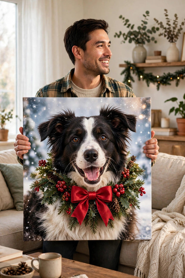Pessoa segurando o quadro Quadro de Natal Personalizado — Guirlanda de Natal no tamanho grande