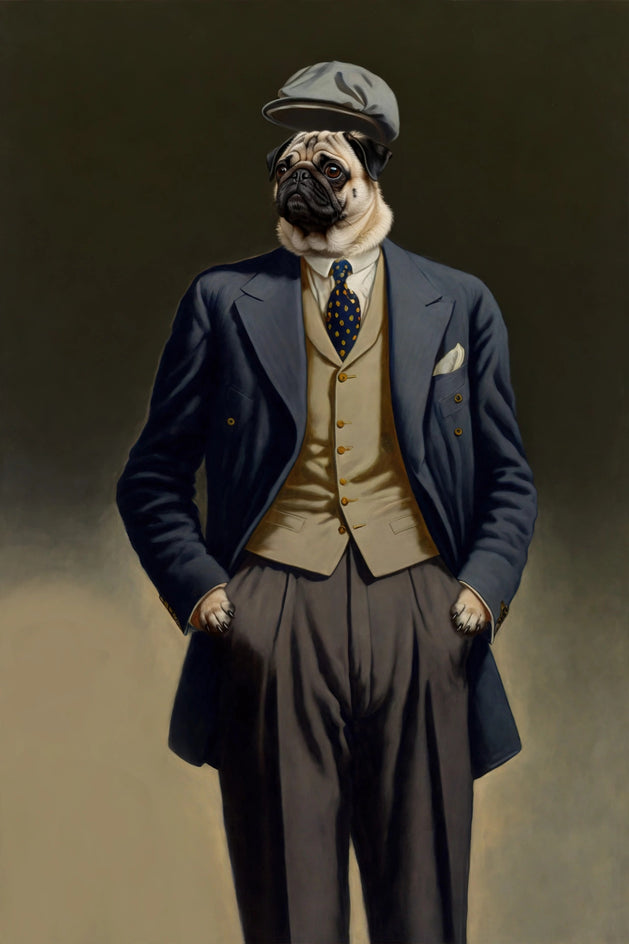 Quadro personalizado de cachorro pug com terno azul-marinho e boina
