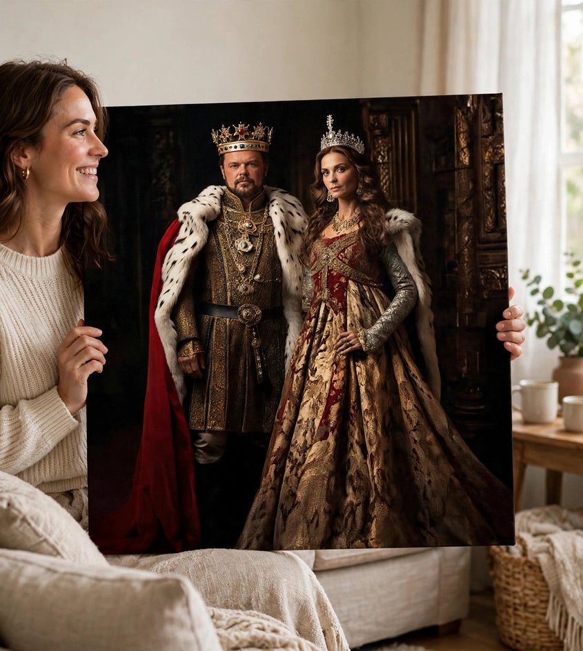Pessoa segurando o quadro Quadro Personalizado de Casal — Monarcas em Pé no tamanho grande
