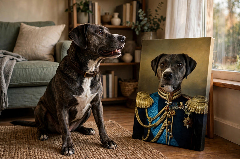 Cachorro ao lado do proprio retrato no quadro Coronel Faísca — Retrato Real Personalizado para Pet