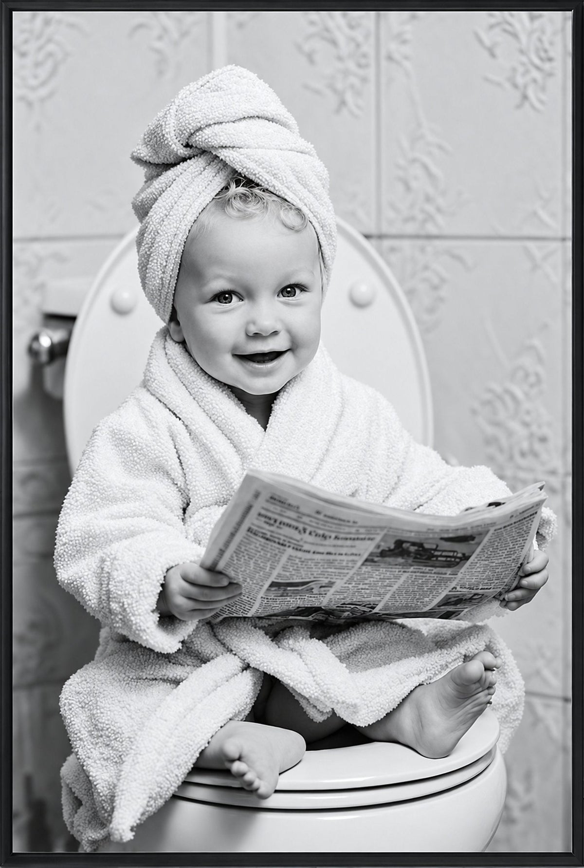 Bebê de Roupão Lendo Jornal - Quadro Personalizado