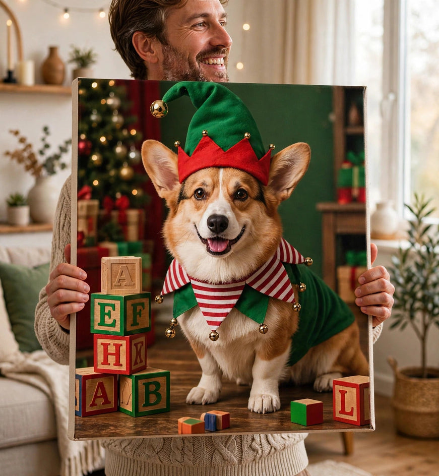 Pessoa segurando o quadro Quadro de Natal Personalizado — Corgi Elfo no tamanho grande