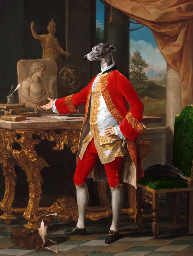 Quadro personalizado de cachorro galgo como aristocrata em traje de corte vermelho