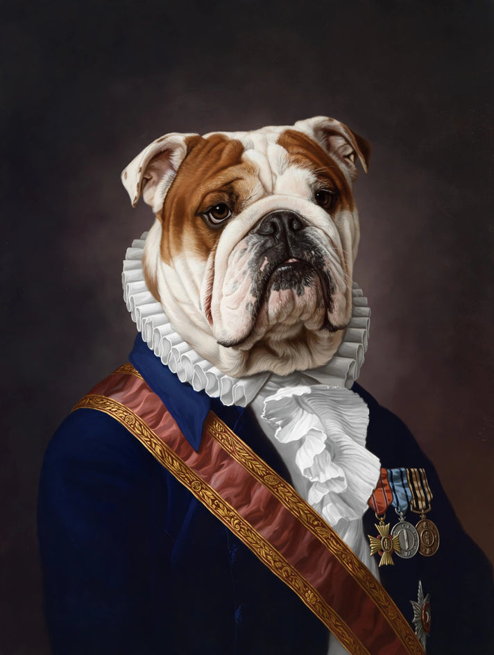 Quadro personalizado de cachorro bulldog inglês com faixa vermelha e dourada