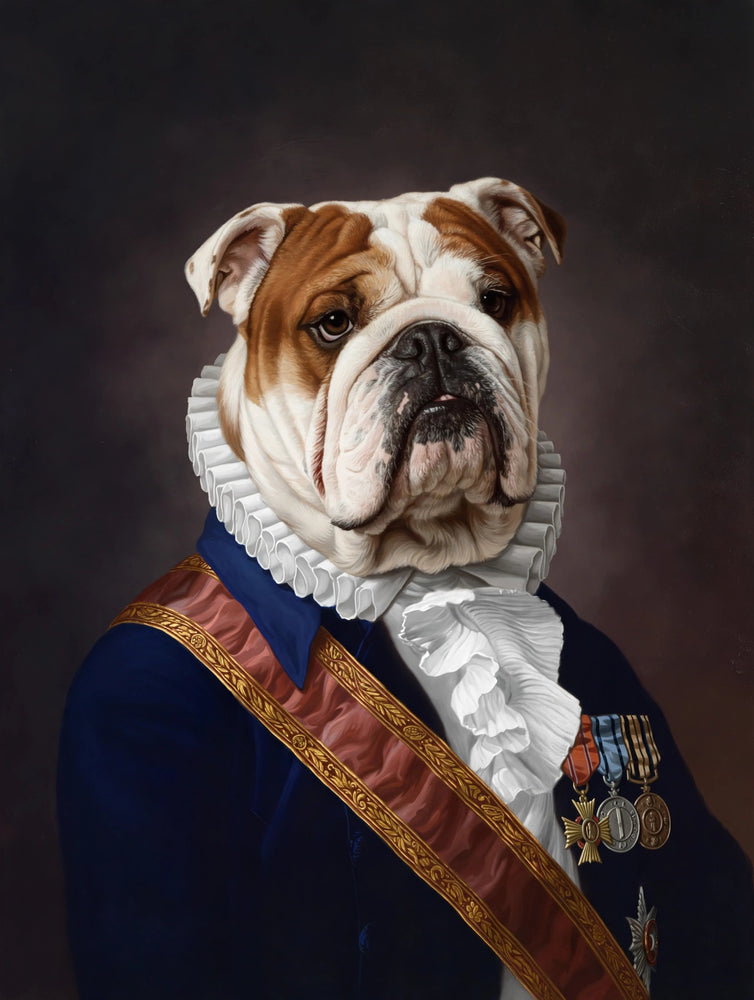 Quadro personalizado de cachorro bulldog inglês com faixa vermelha e dourada