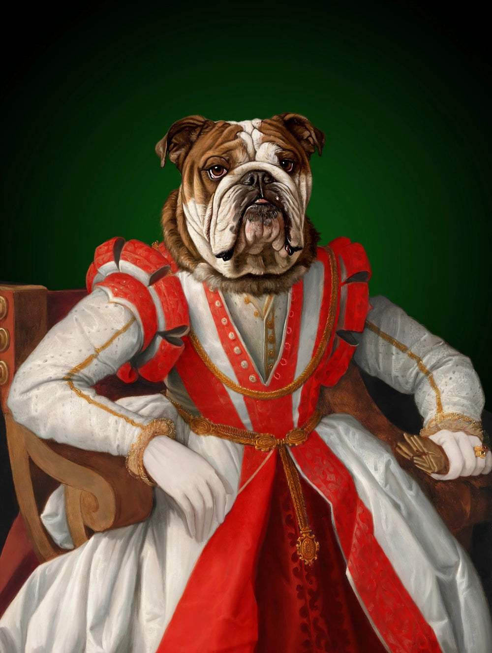 Quadro personalizado de cachorro com traje renascentista vermelho e branco de mangas bufantes